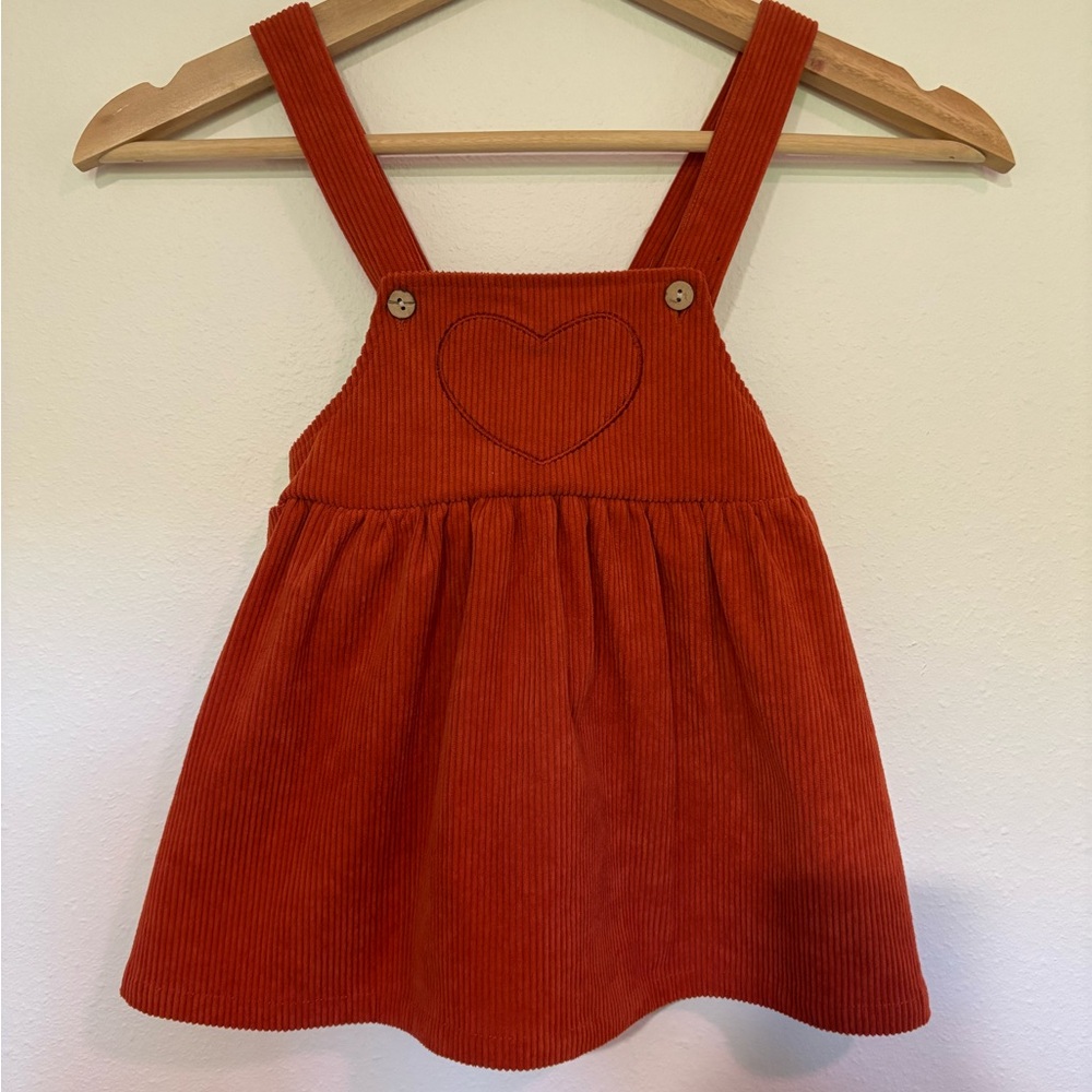 Girls Rust Corduroy Apron Dress with Heart Detail